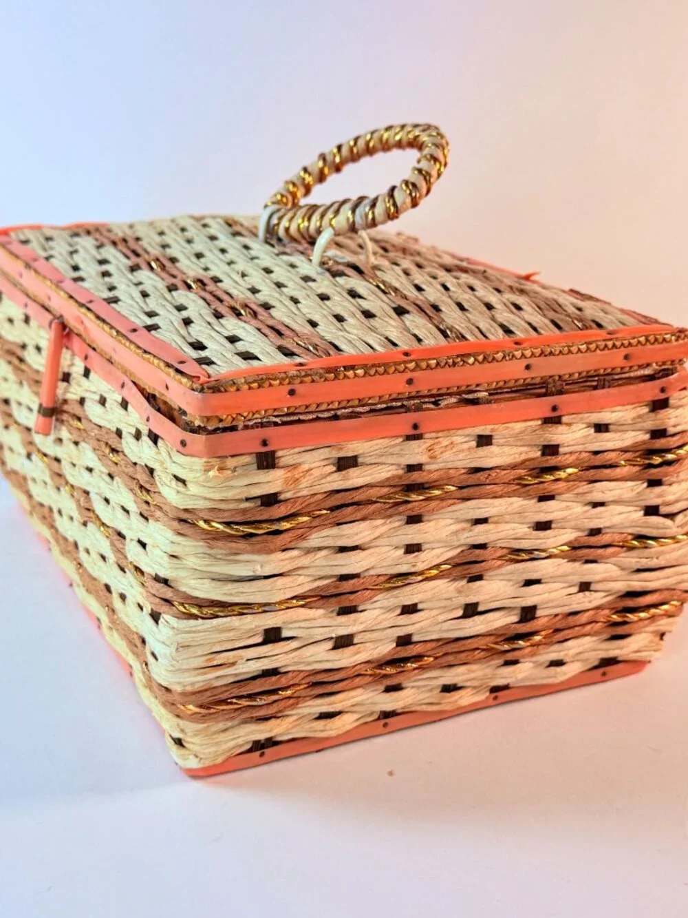 Vintage Wicker Sewing Basket Organizer With Pink Satin Lining & Assorted